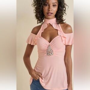 NWOT Venus High Neck Cold Shoulder Embellished Cut-Out Peach Blouse Size XS